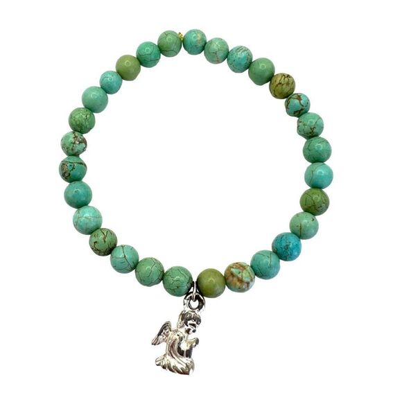 Howlite Turquoise Beaded Stretch Bracelet Sterling Silver Angel Charm Pendant - Picture 4 of 4